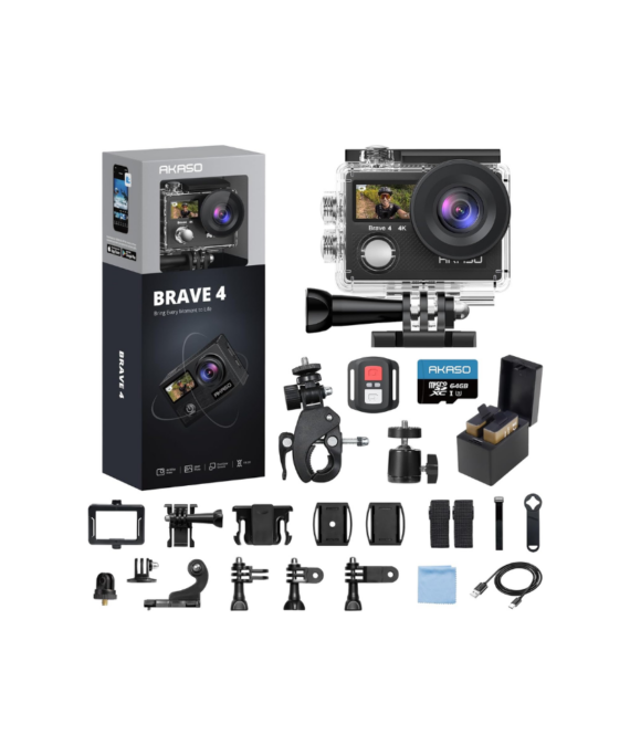 AKASO Brave 4 Action Camera 4K 30fps with 64GB MicroSD U3 Card Bicycle Helmet Accessories Kit Bundle, 20MP Ultra HD 131FT Waterproof Underwater Camera EIS WiFi Remote Control 5X Zoom Sport Cameras : Electronics